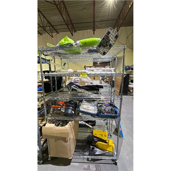 RACK OF ASSORTED ITEMS INCLUDING; WELDERS MASK, WEN, POLISHER/ SANDER, WORK LIGHT AND MORE *RACK