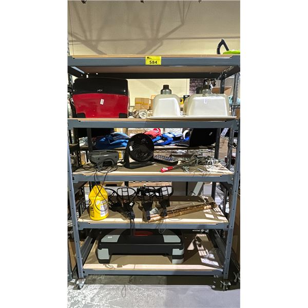 RACK OF ASSORTED ITEMS INCLUDING; SINK, STEP UP BOARD, WINCH, HONEY WELL FAN AND MORE *RACK NOT