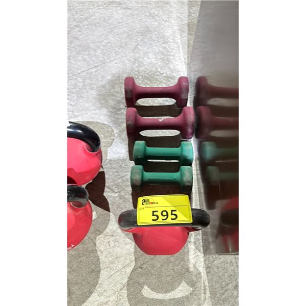 LOT OF 8 POUND, 5 POUND DUMBBELL WEIGHTS AND 25 POUND KETTLE BELL