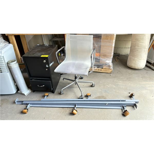 LOT OF ASSORTED ITEMS INCLUDING; MESH ROLLING OFFICE CHAIR, BED FRAME AND MORE