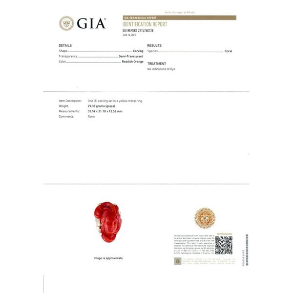 Large Vintage 14K Gold GIA NO DYE Coral Carved Lady Face Cameo Statement Ring