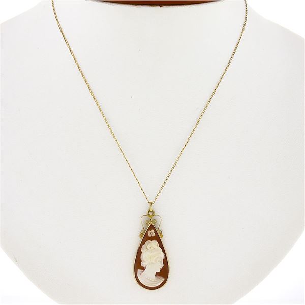 Vintage 14k Gold Tear Drop Bezel Carved Shell Cameo Pendant 16" Curb Link Chain