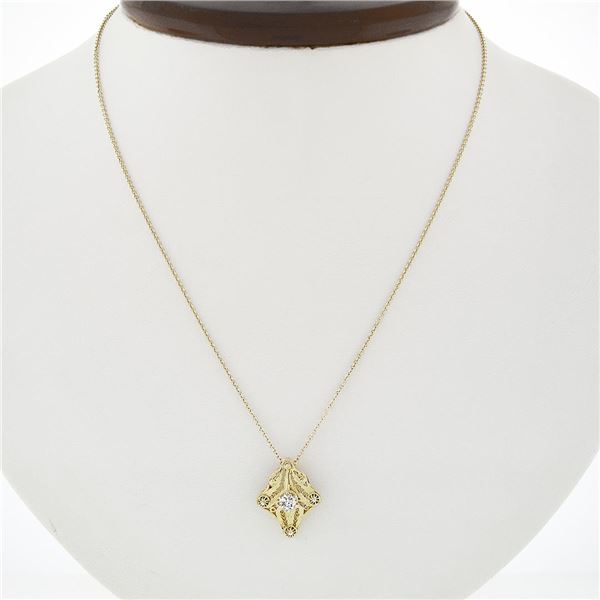 Antique Art Deco 14K Yellow Gold Diamond Open Filigree Milgrain Pendant Necklace