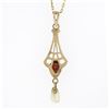 Image 4 : Antique Victorian 10k Gold Garnet Pearl Dangle Lavalier Pendant On New 14k Chain