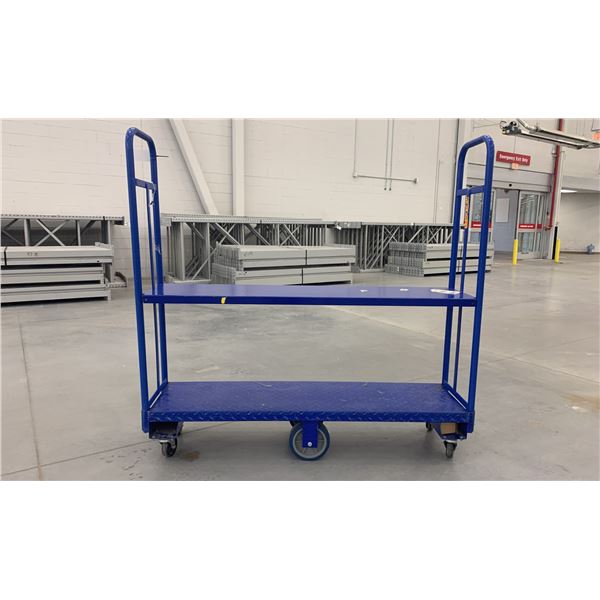 BLUE METAL 6 WHEEL MOBILE MATERIAL STORAGE WORK RACK - APPROX.5FT HIGH X 5FT ACROSS X 1 1/4FT WIDE