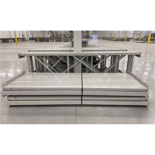 4 BAYS GREY INDUSTRIAL PALLET RACKING (5) UPRIGHTS 144  X 42  AND (60) SIDE BEAMS