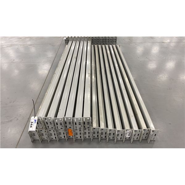 GROUP OF 21 GREY INDUSTRIAL PALLET RACKING SIDE BEAMS 90  X 3.5 