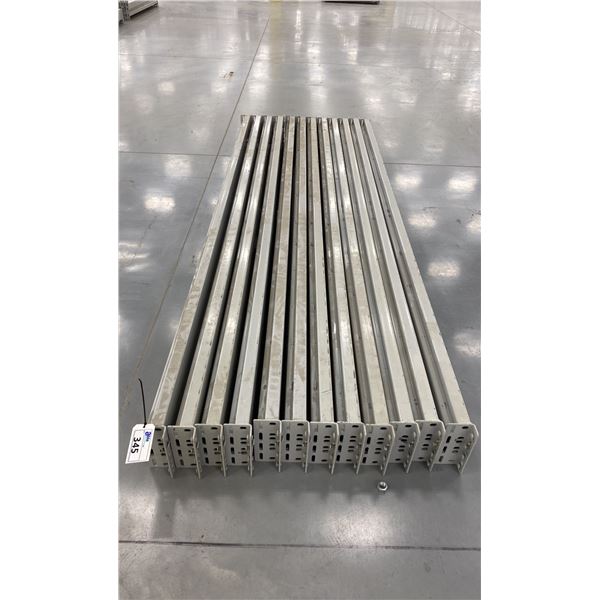 GROUP OF 12 GREY INDUSTRIAL PALLET RACKING SIDE BEAMS 108  X 5.5 