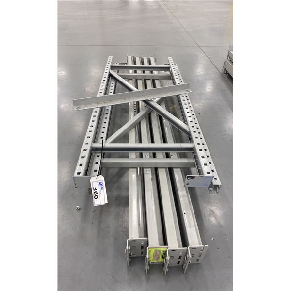 SMALL GREY INDUSTRIAL RACKING UNIT (2) 5FT UPRIGHTS, (4) 84  X 2.5  SIDE BEAMS & (1) BRACKET