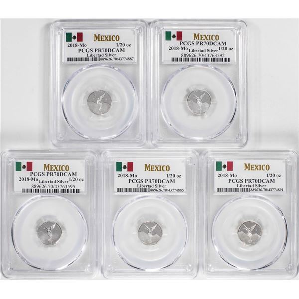 Lot of (5) 2018-Mo Mexico Proof 1/20 oz Silver Libertad Coin PCGS PR70DCAM