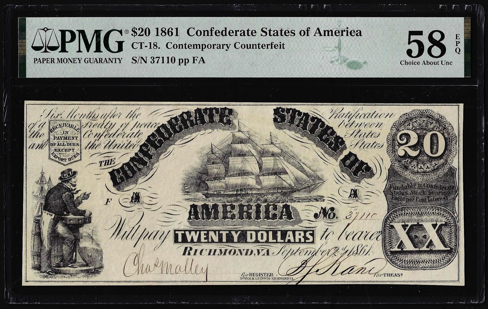 Confederate Rations 1861 1861 $20 Confederate States CT-18 Contemporary Counterfeit PMG Choice ...