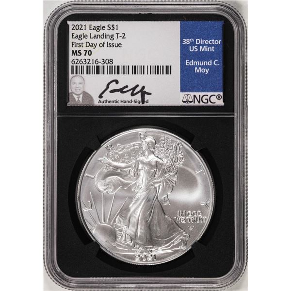 2021 Type 2 $1 American Silver Eagle Coin NGC MS70 FDOI Edmund Moy Signature