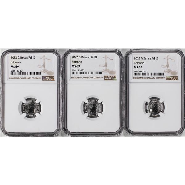 Lot of (3) 2022 Great Britain 10 Pounds Britannia 1/10oz Platinum Coins NGC MS69
