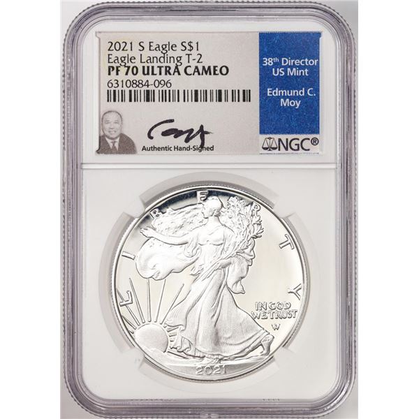 2021-S T-2 $1 Proof American Silver Eagle Coin NGC PF70 Ultra Cameo Edmund Moy Signed