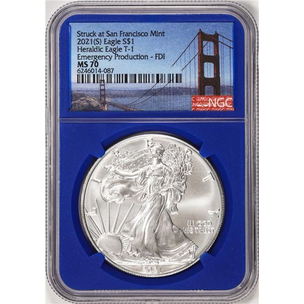 2021(S) Type 1 $1 American Silver Eagle Coin NGC MS70 FDI San Francisco Blue Core
