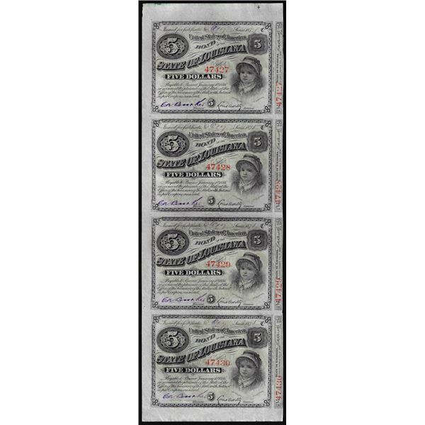Uncut Sheet of (4) State of Louisiana Baby Bond Obsolete Notes