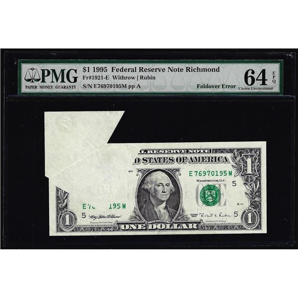 1995 $1 Federal Reserve Note Richmond Fold over Error PMG Choice Uncirculated 64EPQ