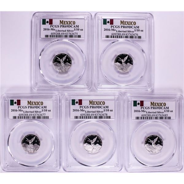 Lot of (5) 2016-Mo Mexico Proof 1/10 oz Silver Libertad Coin PCGS PR69DCAM