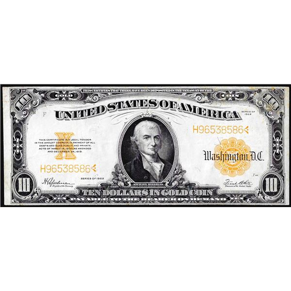 1922 $10 Gold Certificate Note