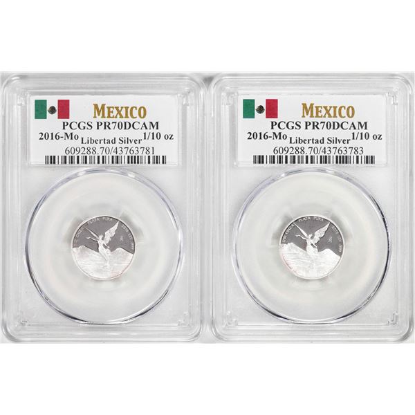 Lot of (2) 2016-Mo Mexico Proof 1/10 oz Silver Libertad Coins PCGS PR70DCAM