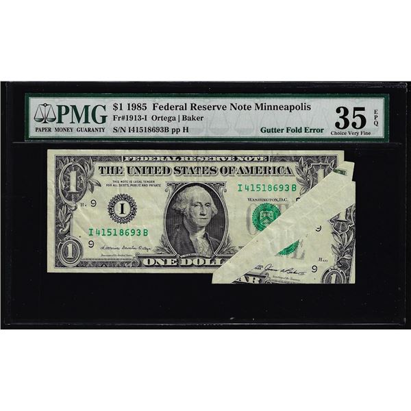 1985 $1 Federal Reserve Note Minneapolis Gutter Fold Error PMG Choice Very Fine 35EPQ