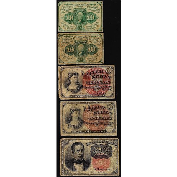 Lot of (5) Assorted Series 10 Cents Fractional Currency Notes