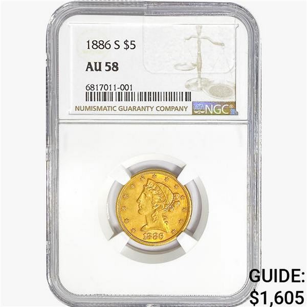 1886-S $5 Gold Half Eagle NGC AU58