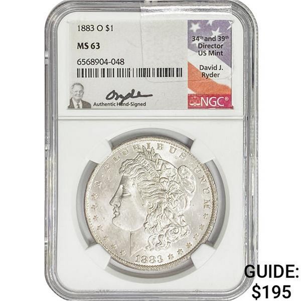 1883-O Morgan Silver Dollar NGC MS63 Signed Ryder