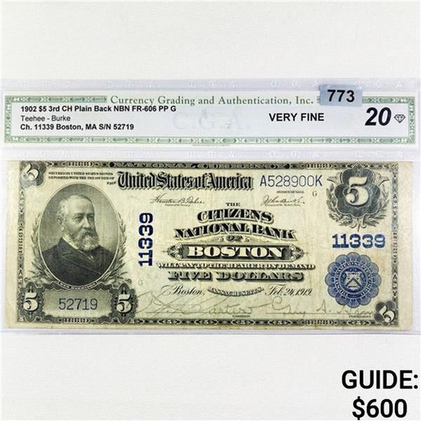 1902 $5 LG Boston Bank, MA Nat Bank Note CGS 20