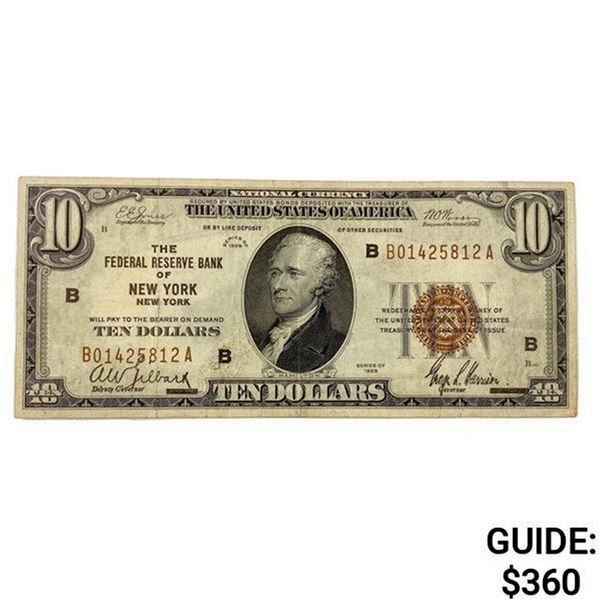 1929 $10 US Bank of New York Fed Res Note