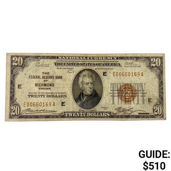 1929 $20 US Bank of Richmond, VA Fed Res Note