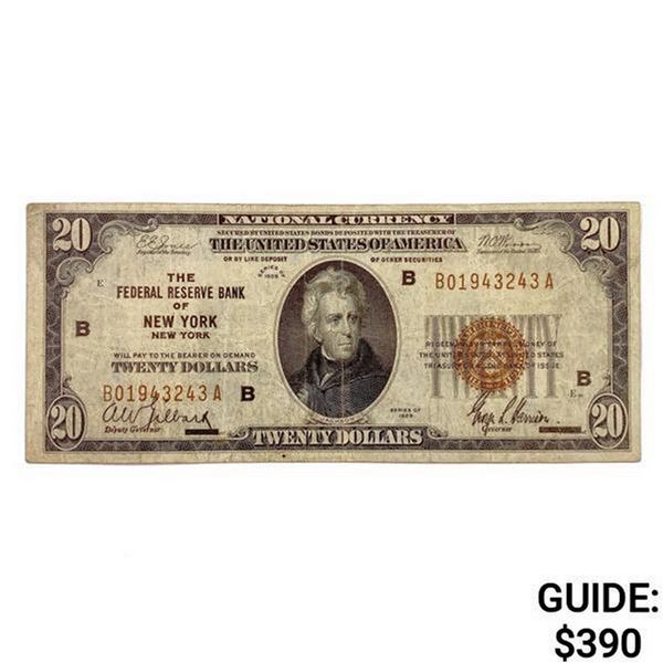 1929 $20 US Bank of New York Fed Res Note