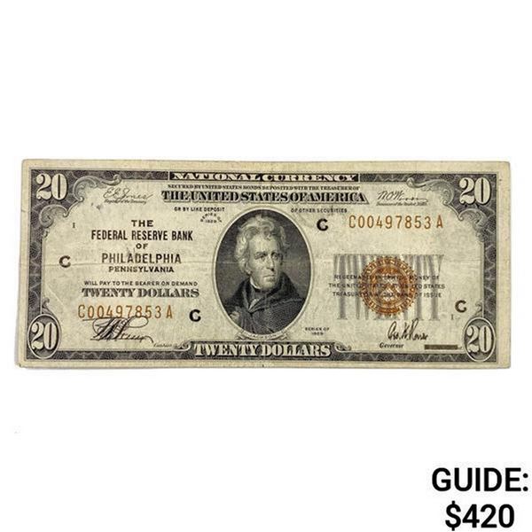 1929 C $20 US Philadelphia Bank, PA Fed Res Note