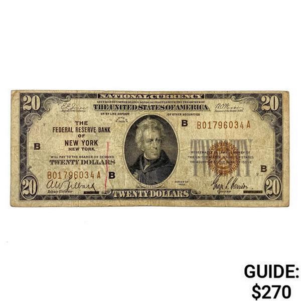 1929 B $20 US Bank of New York Fed Res Note