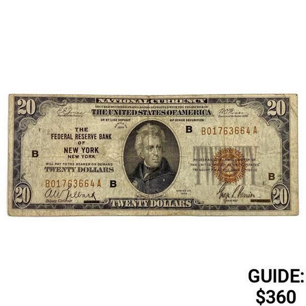 1929 B $20 US Bank of New York Fed Res Note