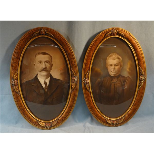 (2) Vintage adult portaits in convex glass ornate frames, 20  h x 12  w