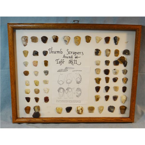 Native American Artifact Frame: 62 stone thumb scrapers, Taft Hill site, Ulm, MT, 19  x 15 