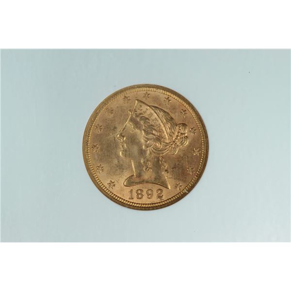 1892 $5 Coronet gold coin, NGC MS63. Estimate: $1000-1100