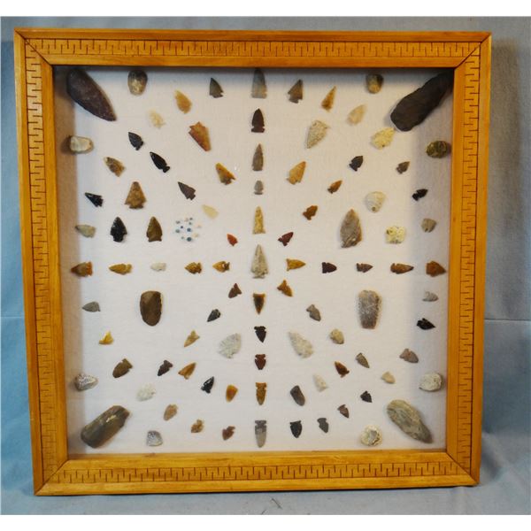 Native American Artifact Frame: 99 pcs., assorted knives, points and scrapers, Augusta, Smith River,