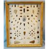 Image 1 : Native American Artifact Frame: 87 pcs., 5 knives, 63 arrow heads, 13 thumb scrapers, 2 awls, 17" x 