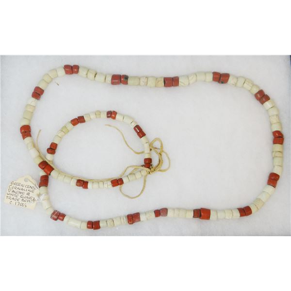 Native American Artifact Case: Indian trade beads, ca. 1700's green center cornaline D'Allepo & whit