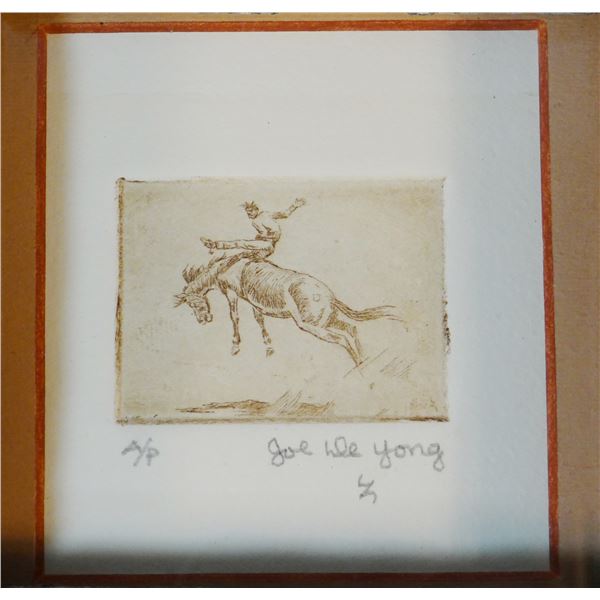 DeYong, Joe (1894-1975), etching, Bucking Bronco, 1 ?" x 2 «", in heavy barn board frame. Estimate:
