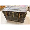 Image 1 : Flat top steamer trunk w/original leather handles & straps, on casters, 34" x 23" x 20"
