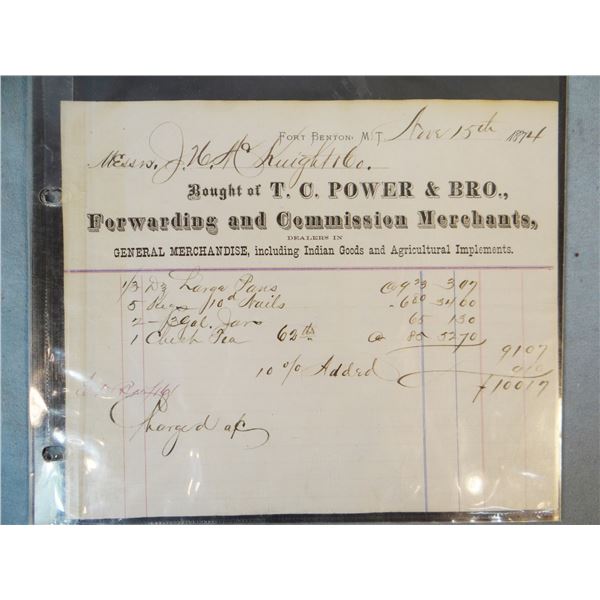 1874 TC Power Co. document, Fort Benton, Montana Territory