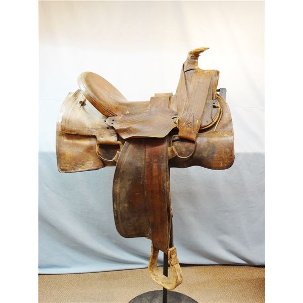 Wm. Mann A-fork saddle, Helena, M. T., Sam Stag/Cheyenne Roll, wooden period stirrups, sq. skirts, s