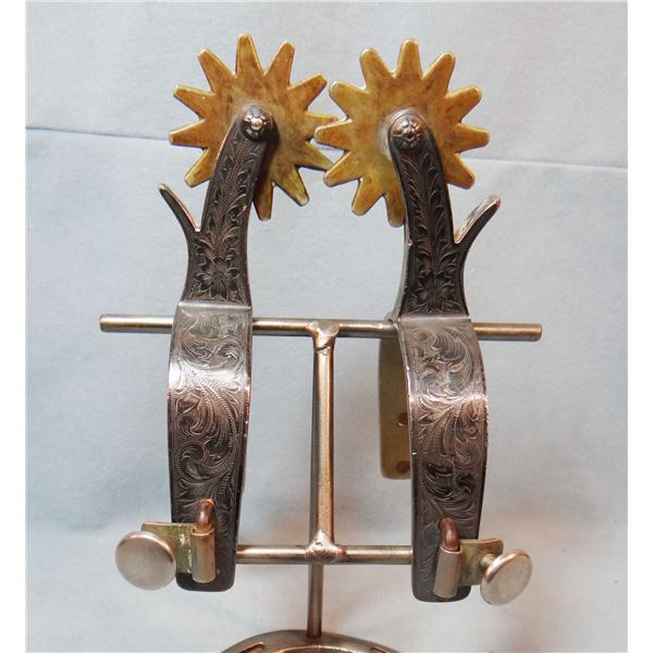 Edward H. Bohlin silver mtd spurs, ca. 1950's-60's, marked "Bohlin Made, Calif., Hollywood" under bu