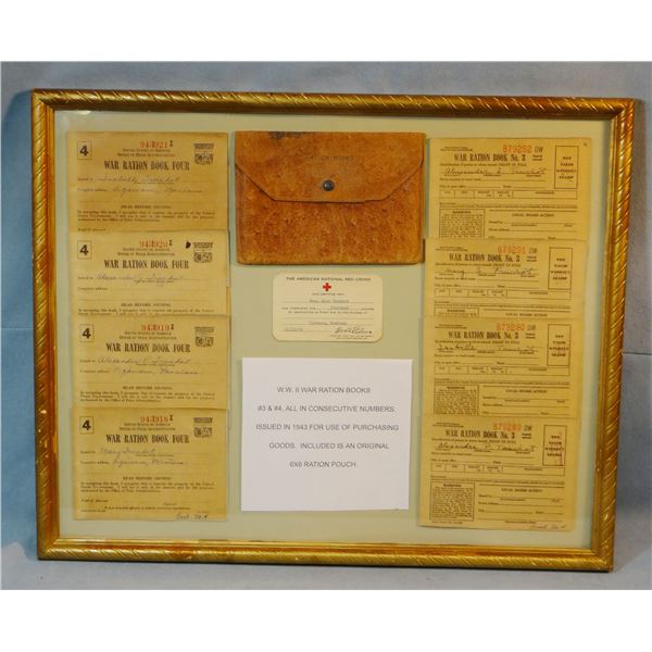 WWII ration books, #3 and #4, issued 1943, all 6" x 6", framed as collage