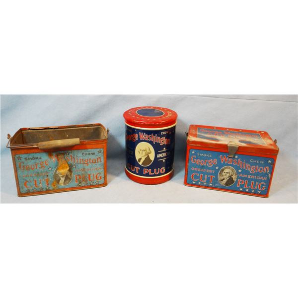 (3) George Washington Cut Plug tobacco tins, assorted sizes