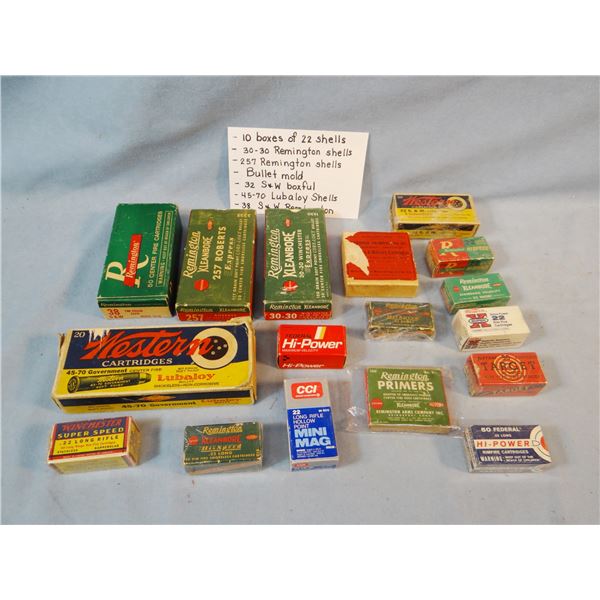 Assorted live ammo. partial boxes, .22, .30-30, .45-70, .38 S & W Rem.