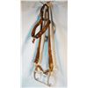 Image 2 : 4 pcs: Leather headstall with cavalry style iron bit with rein chains; Stamped leather headstall wit